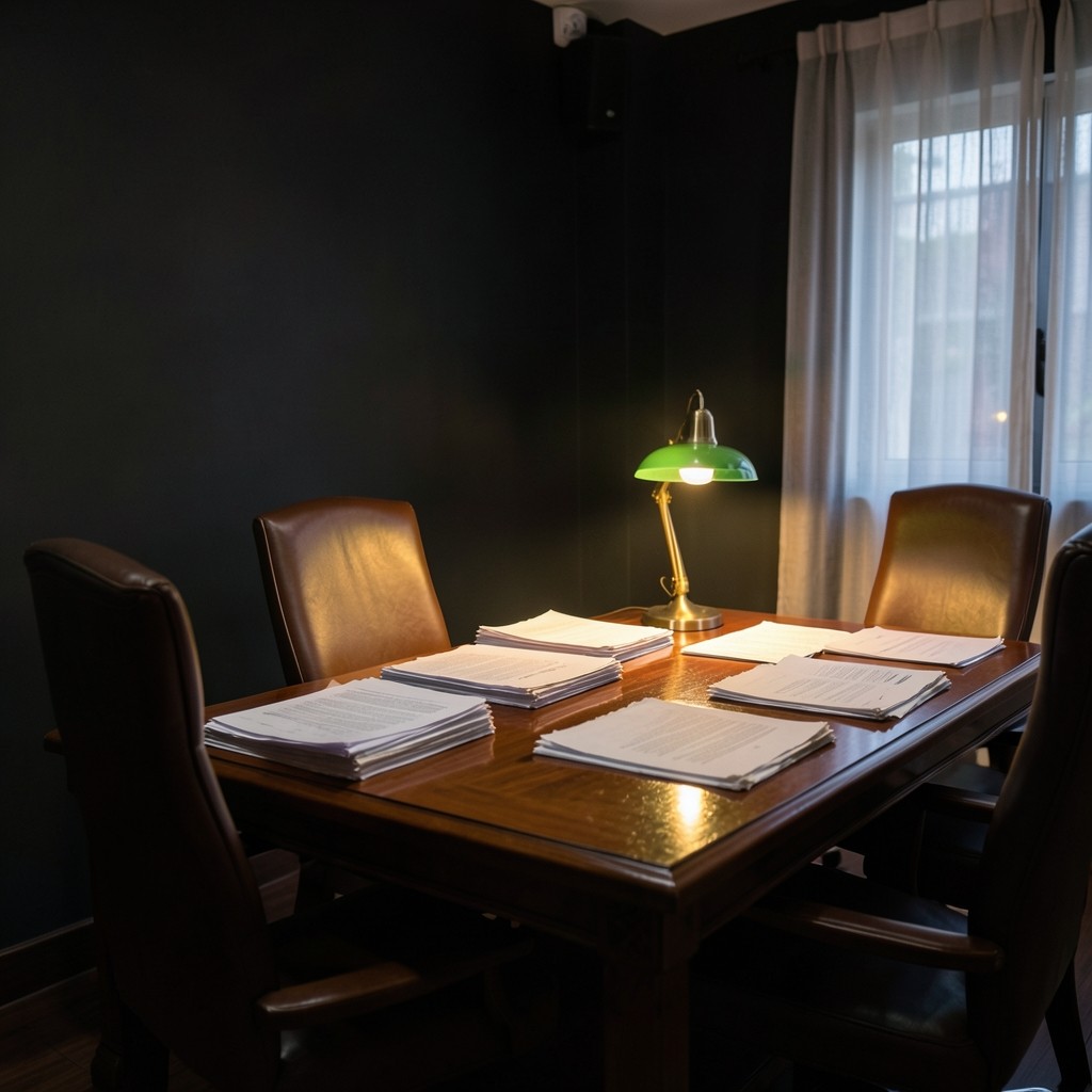 Quiet Bangkok office meeting table with printed salon reports and soft lamp light