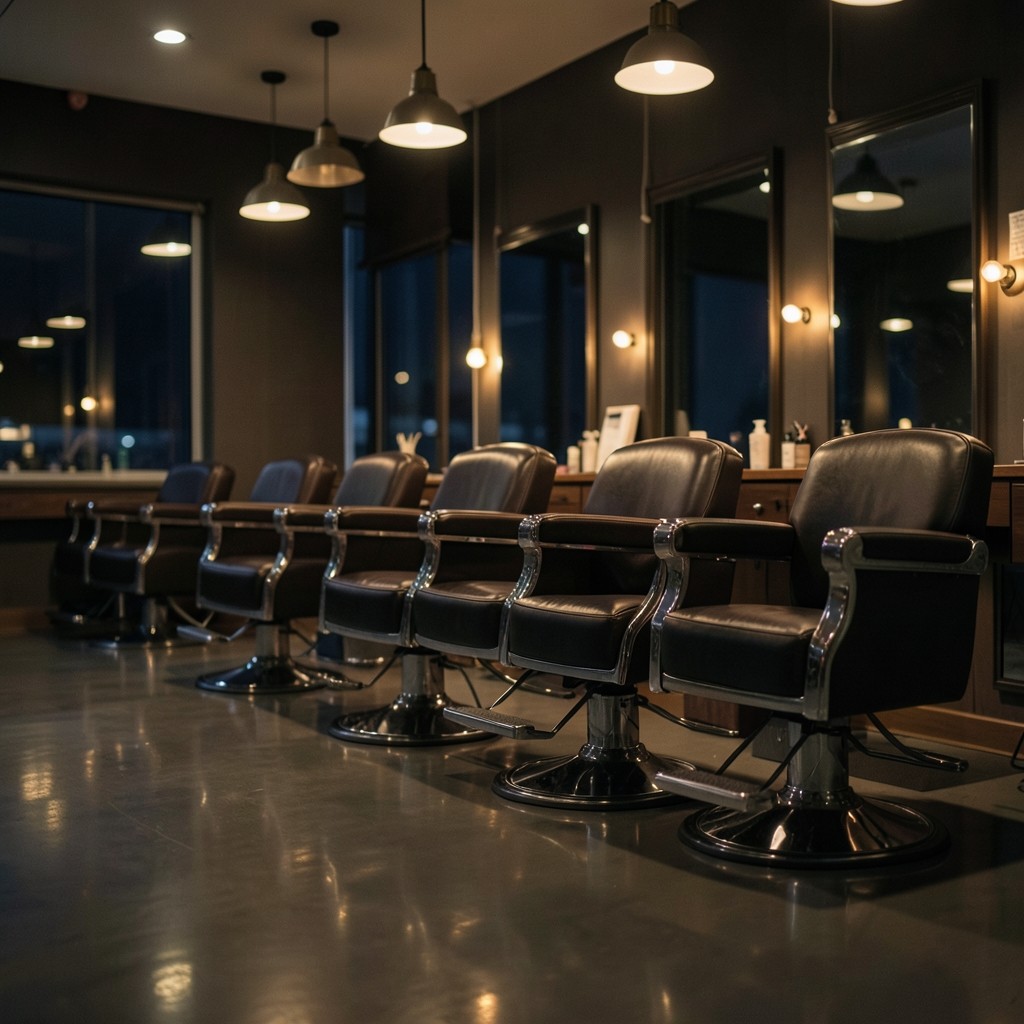 Empty styling chairs in a row under warm evening salon lights