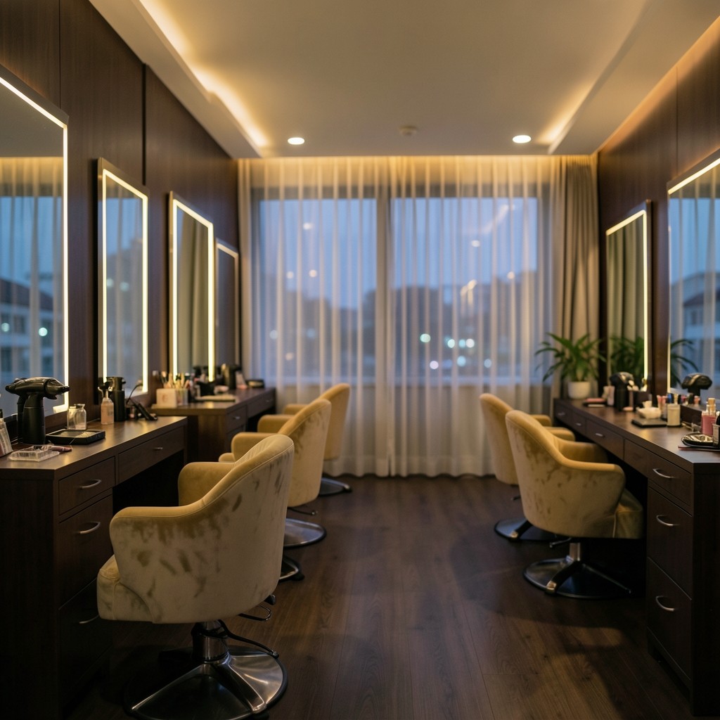 Quiet luxury salon interior with soft evening light across empty styling chairs