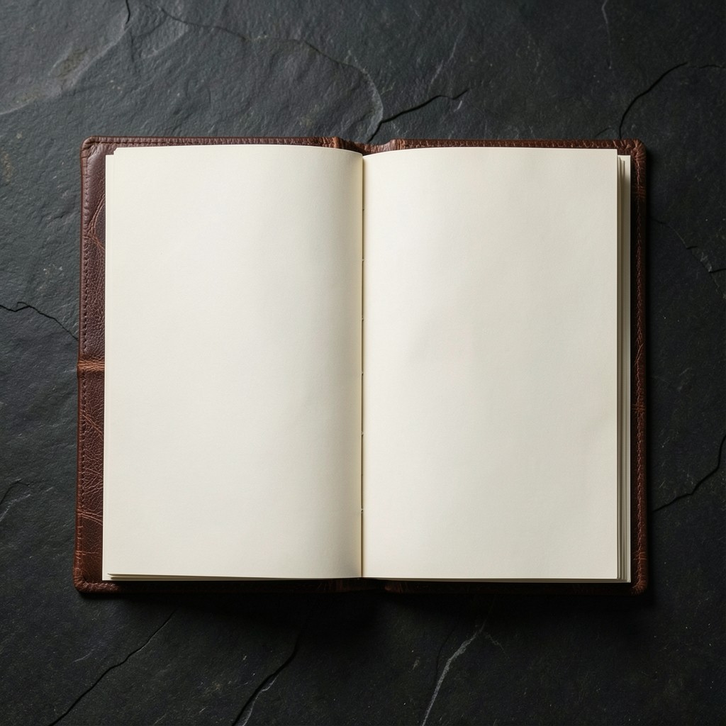 Open sample report binder with soft shadow on dark stone