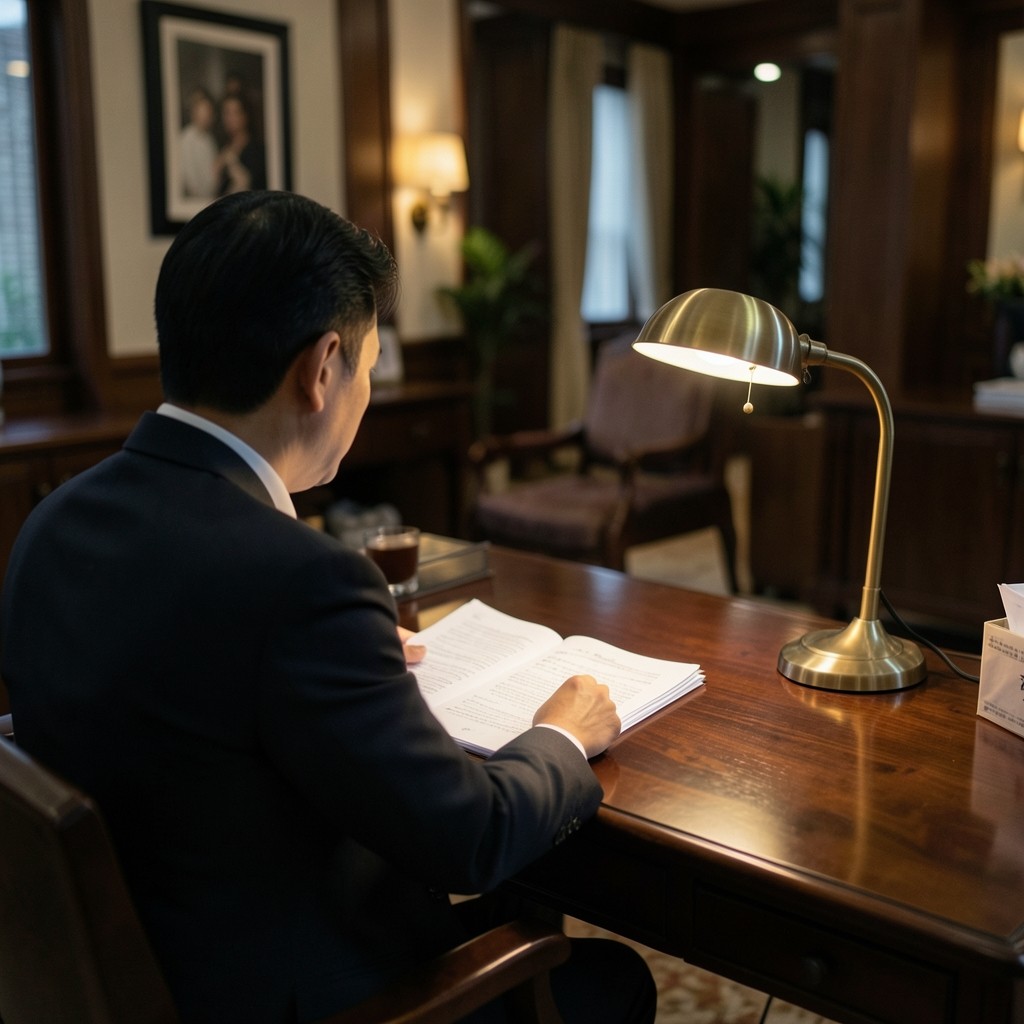 Group manager reviewing printed salon performance pages at a dark wood desk